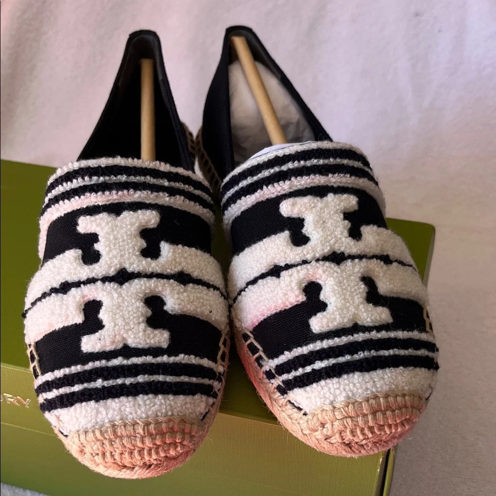 Tory Burch Black and Natural Stripe Espadrille Slip-Ons